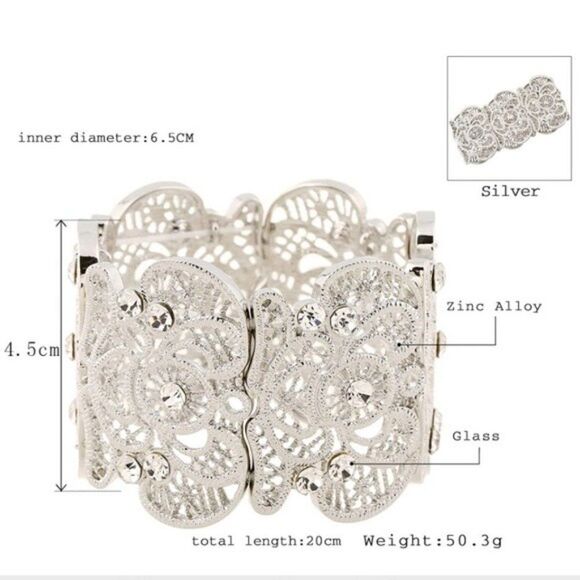 Silver Lace Filigree Crystal Cuff Bracelet - Picture 2 of 6